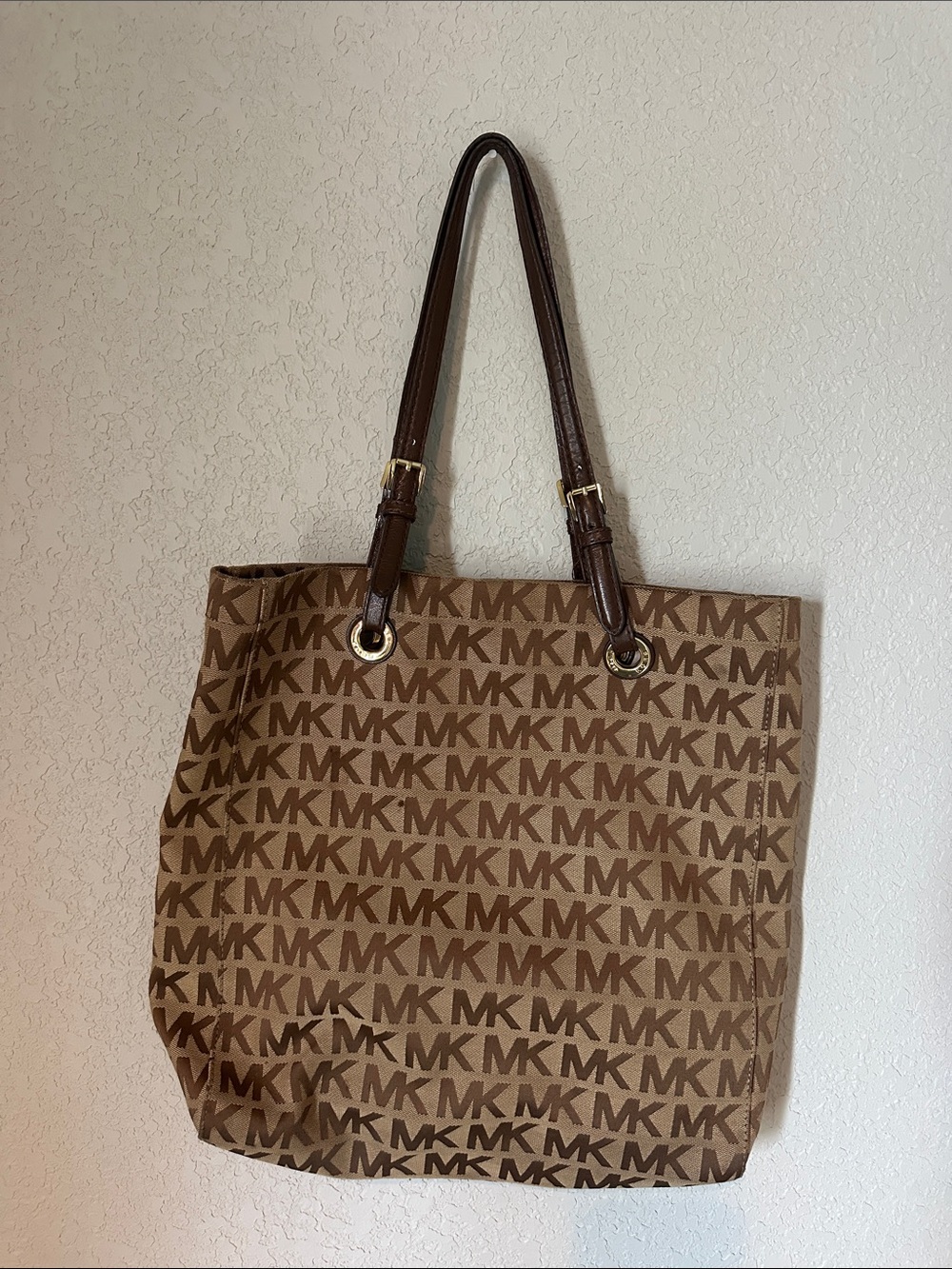 Michael Kors Tan and Dark Brown MK Logo Tote